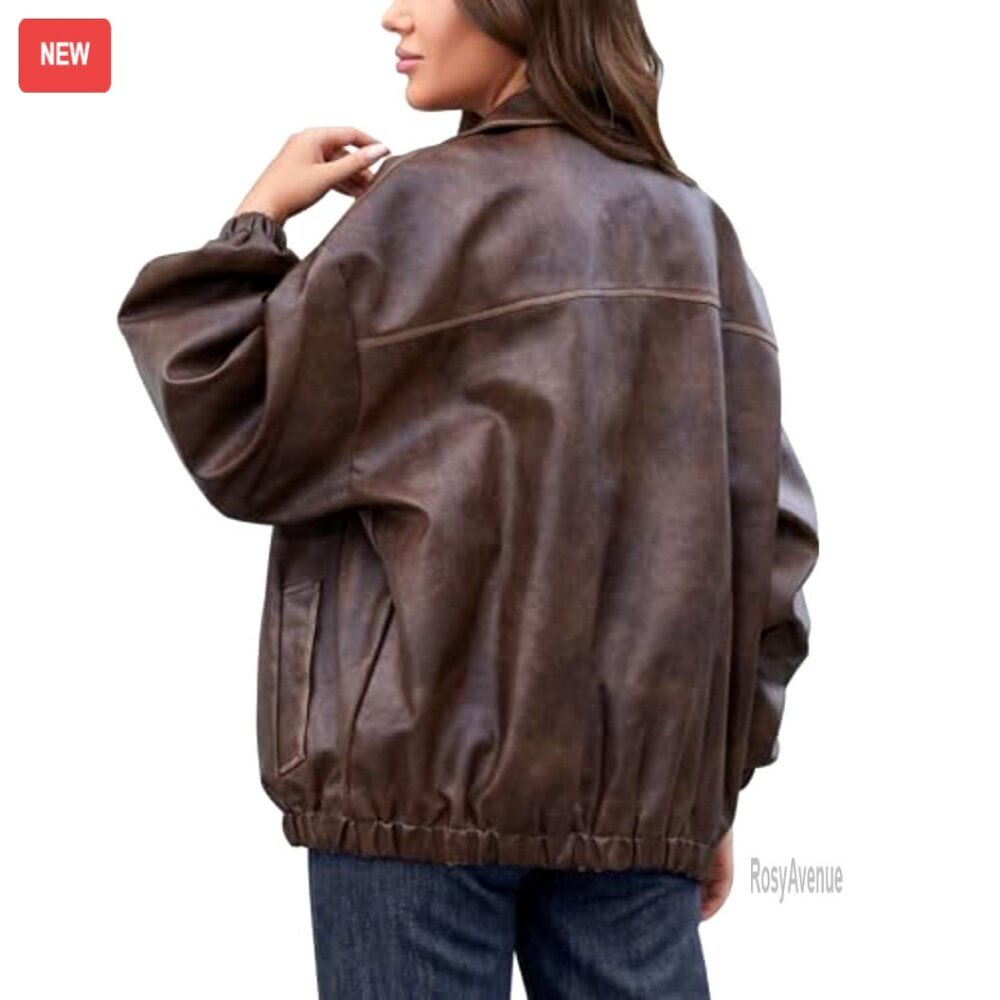 Oversized Faux Leather Motorcycle Jacket Vintage Y2K Style Plus Size - Picture 2 of 7